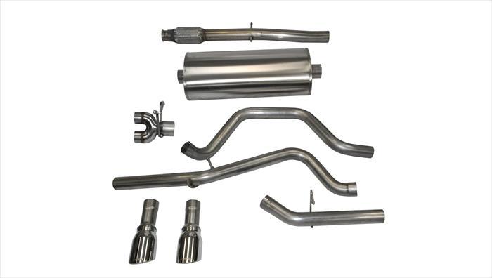 3.0 Inch Cat-Back Sport Dual Rear Exit Exhaust 4.0 Inch Polished Tips 14-Present Silverado/Sierra/Denali Crew/Double Cab/Short/Standard Bed 5.3L V8 143.5 Inch WB Stainless Steel