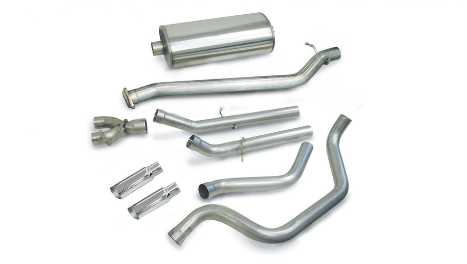 3.0 Inch Cat-Back Sport Dual Rear Exit Exhaust 4.0 Inch Slash Cut Polished Tips 99-06 Silverado/Sierra 1500 Crew Cab/Short Bed/Extended Cab/Standard Bed 4.8L/5.3L V8 143.5 Inch WB Stainless Steel dB by