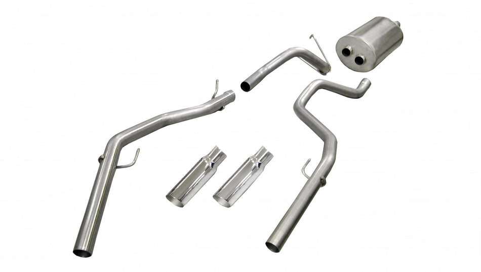 3.0 Inch Cat-Back Sport Dual Rear Exit Exhaust 4.0 Inch Slash Cut Polished Tips 09-17 Ram 1500/Rebel 1500 Crew Cab/Short Bed/Quad Cab/Standard Bed 4.7L/5.7L V8 140.5 Inch WB Stainless Steel dB by