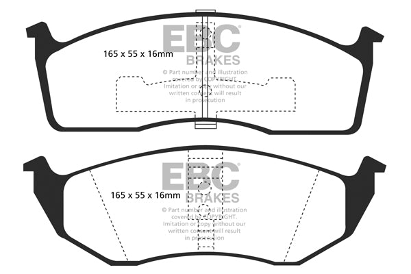 3.8 lbs. 5X3X3 EBC REDSTUFF CERAMIC PADS Low dust EBC Redstuff is a superb pad for fast street use and targets high HP imports muscle cars and prestige European cars. EBC Redstuff ceramic pads reduce dust emitted by OEM pads by approx 80 percent.