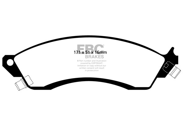 3.8 lbs. 4X4X4 EBC REDSTUFF CERAMIC PADS Low dust EBC Redstuff is a superb pad for fast street use and targets high HP imports muscle cars and prestige European cars. EBC Redstuff ceramic pads reduce dust emitted by OEM pads by approx 80 percent.