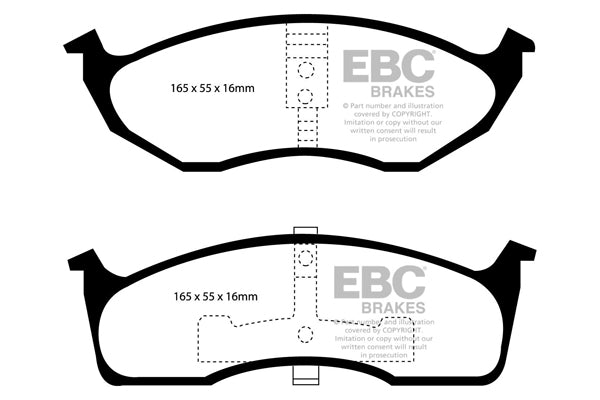3.6 lbs. 4X4X4 EBC REDSTUFF CERAMIC PADS Low dust EBC Redstuff is a superb pad for fast street use and targets high HP imports muscle cars and prestige European cars. EBC Redstuff ceramic pads reduce dust emitted by OEM pads by approx 80 percent.