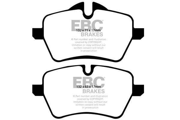 3.6 lbs. 3X3X3 EBC REDSTUFF CERAMIC PADS Low dust EBC Redstuff is a superb pad for fast street use and targets high HP imports muscle cars and prestige European cars. EBC Redstuff ceramic pads reduce dust emitted by OEM pads by approx 80 percent.