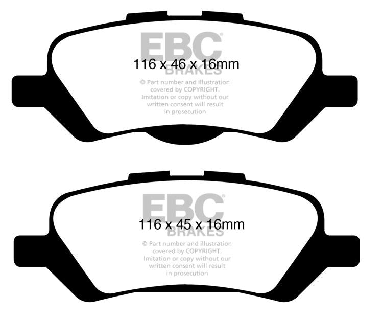 3.8 lbs. 2X2X2 EBC REDSTUFF CERAMIC PADS Low dust EBC Redstuff is a superb pad for fast street use and targets high HP imports muscle cars and prestige European cars. EBC Redstuff ceramic pads reduce dust emitted by OEM pads by approx 80 percent.