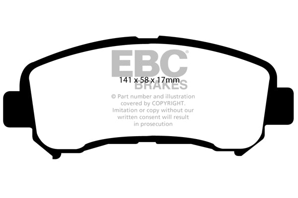 3.8 lbs. 3X3X3 EBC REDSTUFF CERAMIC PADS Low dust EBC Redstuff is a superb pad for fast street use and targets high HP imports muscle cars and prestige European cars. EBC Redstuff ceramic pads reduce dust emitted by OEM pads by approx 80 percent.