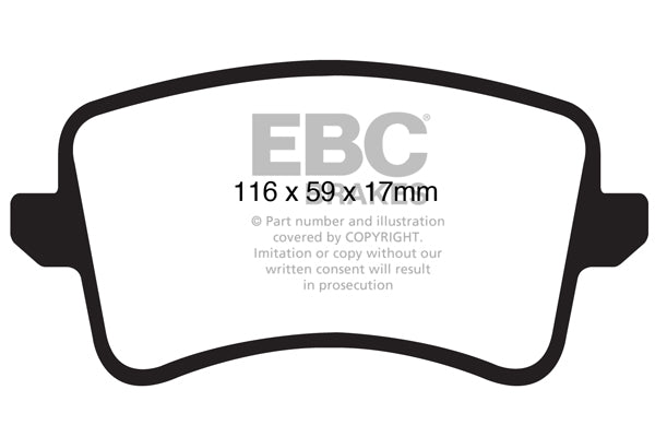 3.3 lbs. 3X3X3 EBC REDSTUFF CERAMIC PADS Low dust EBC Redstuff is a superb pad for fast street use and targets high HP imports muscle cars and prestige European cars. EBC Redstuff ceramic pads reduce dust emitted by OEM pads by approx 80 percent.