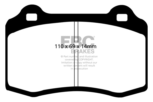3.4 lbs. 2X2X2 EBC YELLOWSTUFF PERFORMANCE PADS EBC Brakes Performance brake pads made for cars trucks and SUVs. Extreamly high friction coefficient and temperature range enhances braking substantially over OEM pads. Spirited street pads that are also