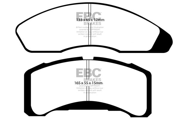 3.8 lbs. 4X4X4 EBC YELLOWSTUFF PERFORMANCE PADS EBC Brakes Performance brake pads made for cars trucks and SUVs. Extreamly high friction coefficient and temperature range enhances braking substantially over OEM pads. Spirited street pads that are also