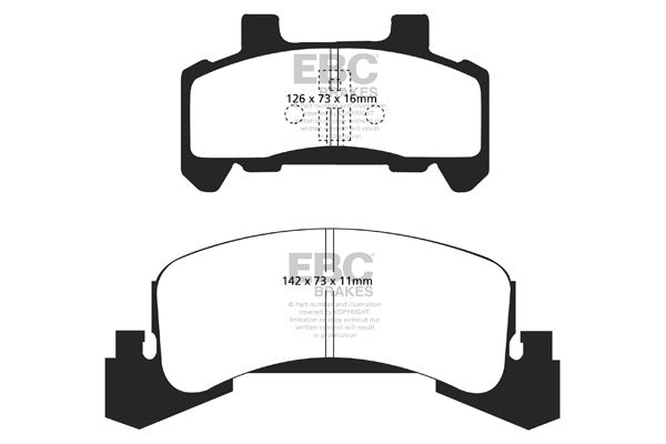 3.2 lbs. 5X3X3 EBC YELLOWSTUFF PERFORMANCE PADS EBC Brakes Performance brake pads made for cars trucks and SUVs. Extreamly high friction coefficient and temperature range enhances braking substantially over OEM pads. Spirited street pads that are also