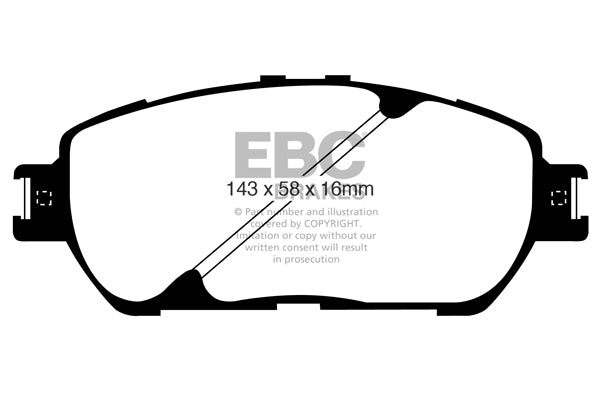 3.8 lbs. 3X3X3 EBC YELLOWSTUFF PERFORMANCE PADS EBC Brakes Performance brake pads made for cars trucks and SUVs. Extreamly high friction coefficient and temperature range enhances braking substantially over OEM pads. Spirited street pads that are also