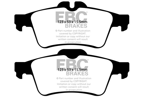 3.3 lbs. 3X3X3 EBC YELLOWSTUFF PERFORMANCE PADS EBC Brakes Performance brake pads made for cars trucks and SUVs. Extreamly high friction coefficient and temperature range enhances braking substantially over OEM pads. Spirited street pads that are also