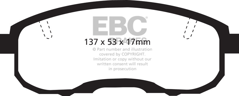 3.6 lbs. 3X3X3 EBC YELLOWSTUFF PERFORMANCE PADS EBC Brakes Performance brake pads made for cars trucks and SUVs. Extreamly high friction coefficient and temperature range enhances braking substantially over OEM pads. Spirited street pads that are also