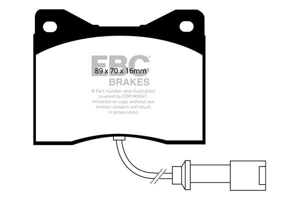 3.2 lbs. 3X3X3 EBC YELLOWSTUFF PERFORMANCE PADS EBC Brakes Performance brake pads made for cars trucks and SUVs. Extreamly high friction coefficient and temperature range enhances braking substantially over OEM pads. Spirited street pads that are also