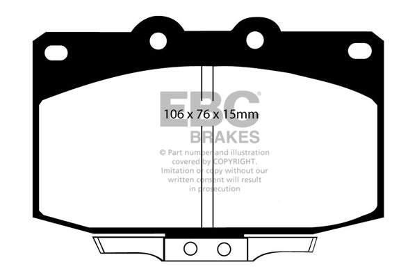 3.4 lbs. 2X2X2 EBC YELLOWSTUFF PERFORMANCE PADS EBC Brakes Performance brake pads made for cars trucks and SUVs. Extreamly high friction coefficient and temperature range enhances braking substantially over OEM pads. Spirited street pads that are also
