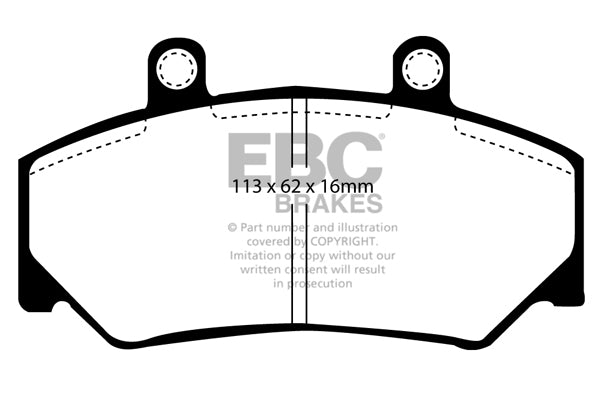 3.2 lbs. 3X3X3 EBC YELLOWSTUFF PERFORMANCE PADS EBC Brakes Performance brake pads made for cars trucks and SUVs. Extreamly high friction coefficient and temperature range enhances braking substantially over OEM pads. Spirited street pads that are also