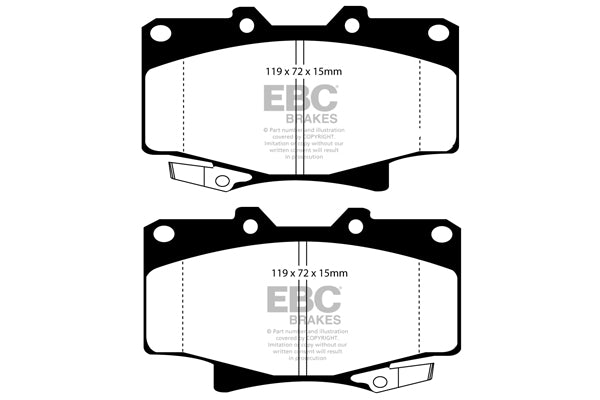 3.8 lbs. 3X3X3 EBC YELLOWSTUFF PERFORMANCE PADS EBC Brakes Performance brake pads made for cars trucks and SUVs. Extreamly high friction coefficient and temperature range enhances braking substantially over OEM pads. Spirited street pads that are also