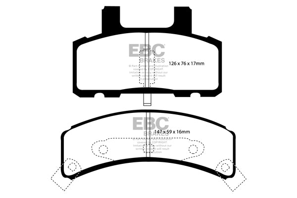 3.8 lbs. 3X3X3 EBC GREENSTUFF 6000 TRUCK PADS Upgrade your stopping power with a simple pad change using EBC High Friction 6000 series Greenstuff brake pads. The new EBC 6000 series boasts GG rated friction for better stopping with fully shimmed edge