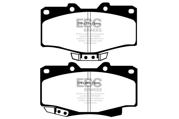 3.4 lbs. 3X3X3 EBC GREENSTUFF 6000 TRUCK PADS Upgrade your stopping power with a simple pad change using EBC High Friction 6000 series Greenstuff brake pads. The new EBC 6000 series boasts GG rated friction for better stopping with fully shimmed edge